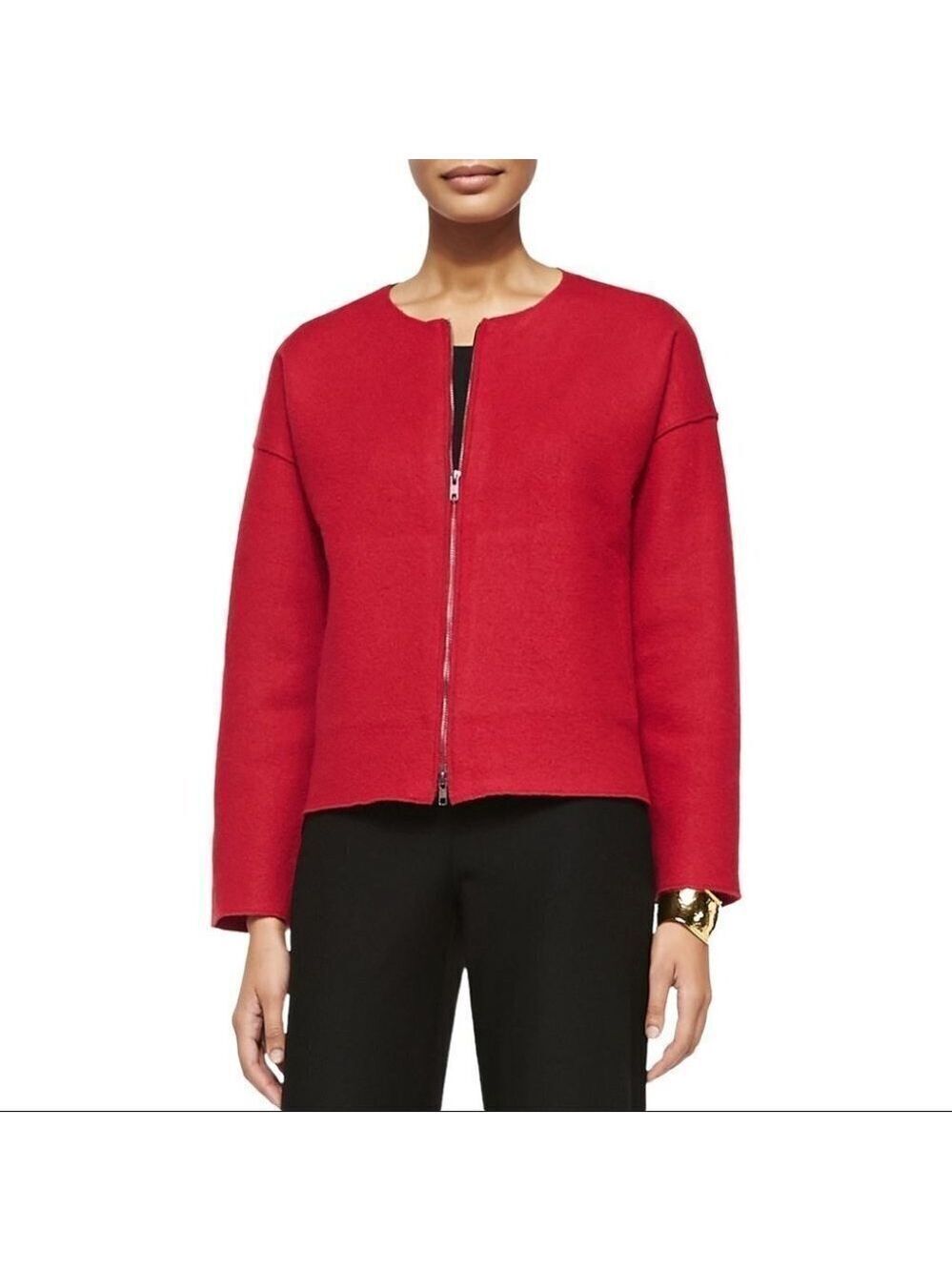 Eileen Fisher Boiled Wool Red Lacquer Zip Short Jacket Size Small Petite